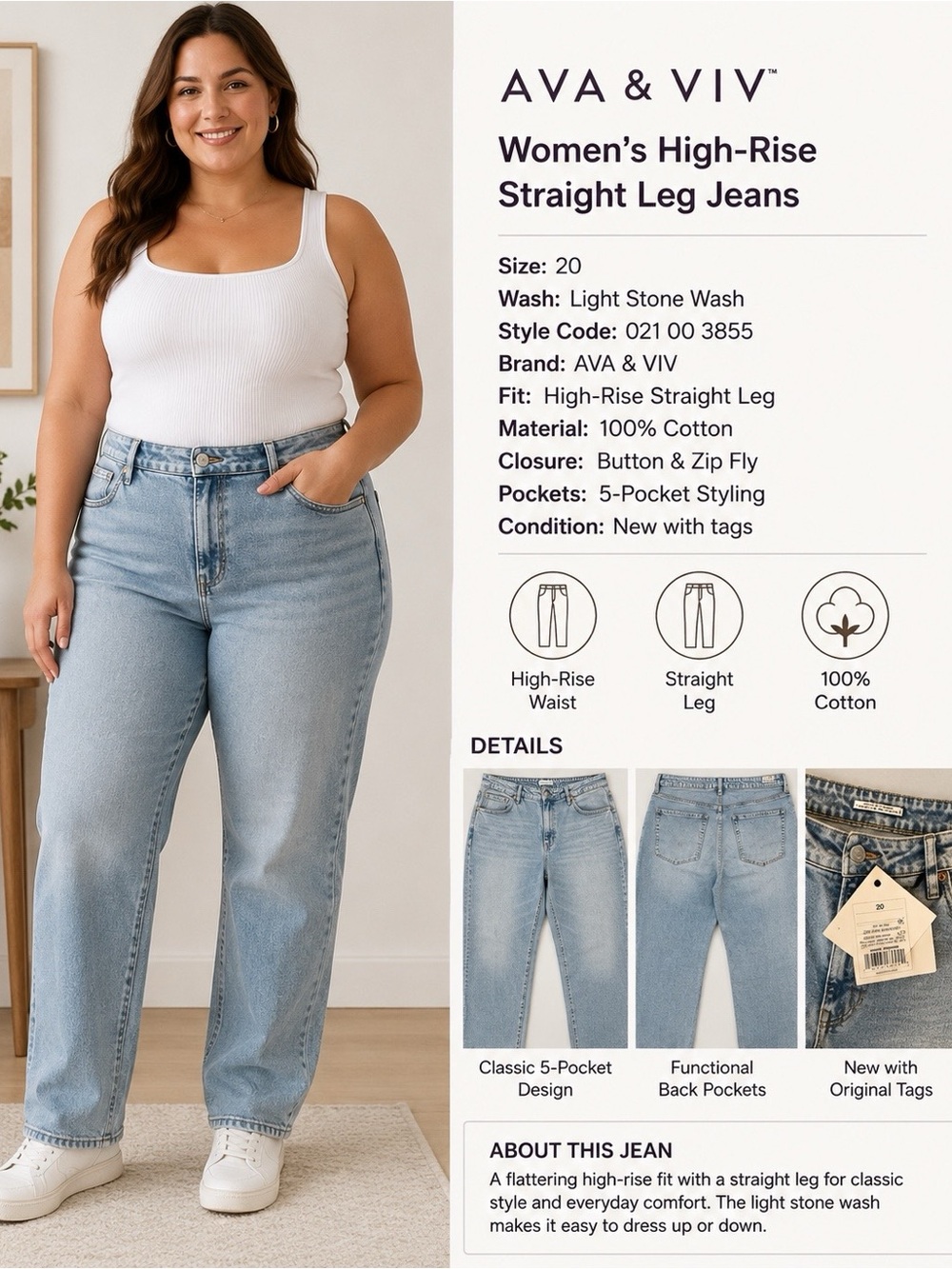 Ava & Viv Light Stone Wash High-Rise Straight Leg Jeans